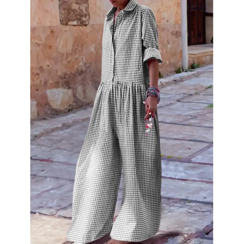 Long Sleeve Buttons Jumpsuit 2024 Women's Full Body Jumpsuit Spring/Summer Clothing Loose Fit Plaid Casual Swimsuit Pants