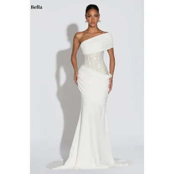 Bella Customized White One Shoulder Sequin Waist robes de soirée Mermaid Train Gown Elegant Party Dresses Stylish Prom Dress 1