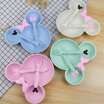3 Pz/set Del Fumetto Del Bambino Ciotola Set Da Tavola di Paglia di Grano Piatti Per Bambini Per Bambini Cena Piatto di Alimentazione Bowknot Piatto di Cibo Cucchiaio Forchetta 1