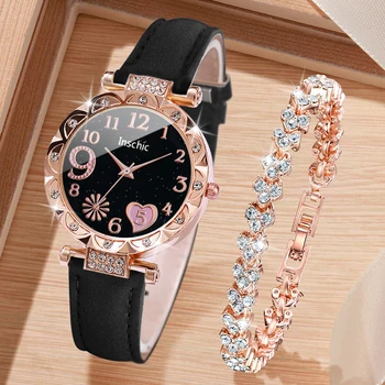 2/4/6PCS Fashion Rhinestone Women Watches Heart Dial Quartz Watch Casual Leather Band Wristwatches Bracelet Set（Without Box） 1