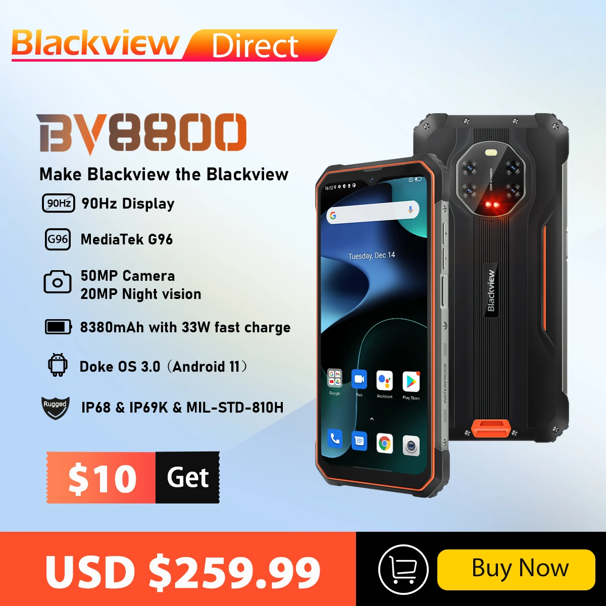 BLACKVIEW BV8800 IP68 Rugged Smartphone 90Hz Display 8GB+128GB Helio G96 8380mAh 50MP Night Vision Mobile Phone Global Version ram computer