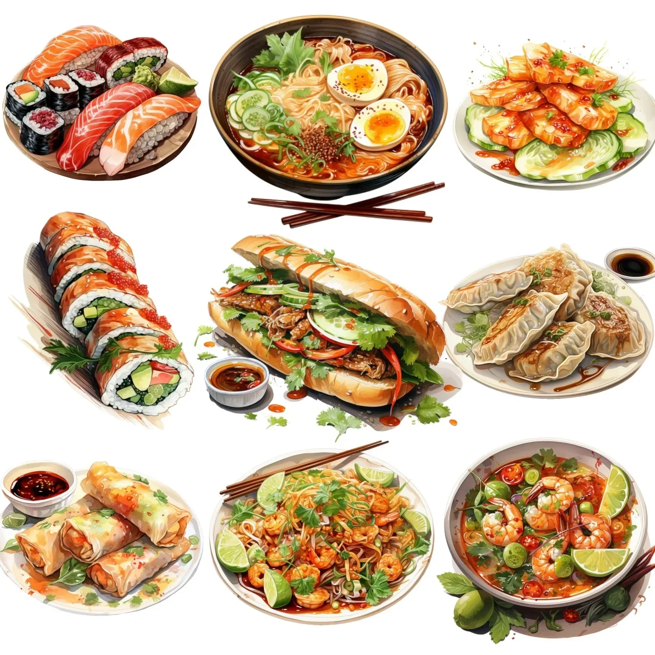17 Stück süße selbstgemachte Aquarell-Food-Sushi-Scrapbooking-Aufkleber für die südostasiatische Küche/dekorativ/DIY-Fotoalben zum Basteln