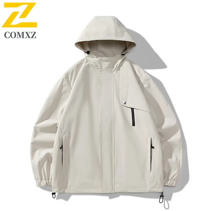 COMXZ Mens Jacket High Quality Hooded Outdoor Camping Multi Functional Windbreaker Daily Style Lightweight Autumn Outerwear