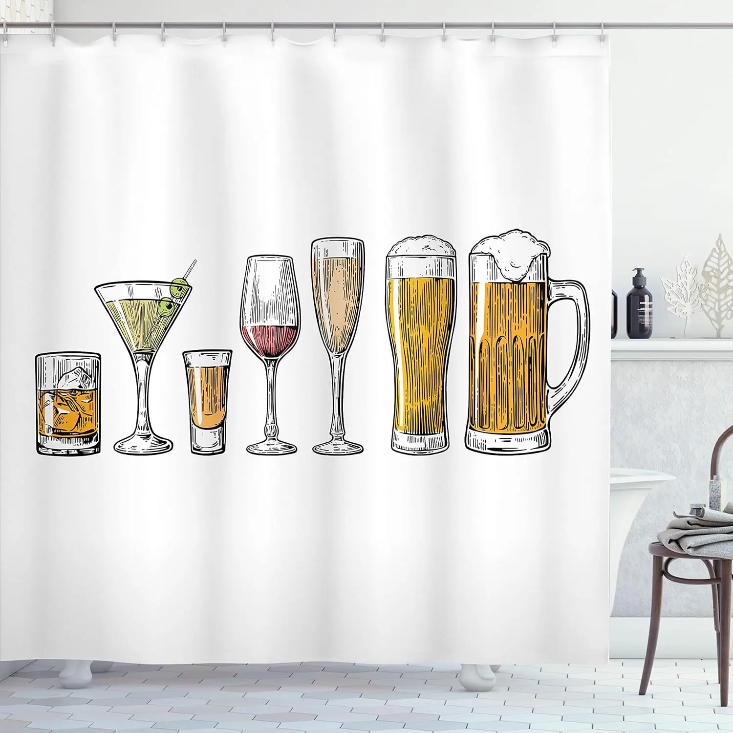 ม่านอาบน้ำลายเบียร์และไวน์ ดีไซน์เครื่องดื่มค็อกเทล ตกแต่งธีมบาร์ ผ้าลินินสำหรับห้องน้ำผู้ใหญ่ 150x180 1