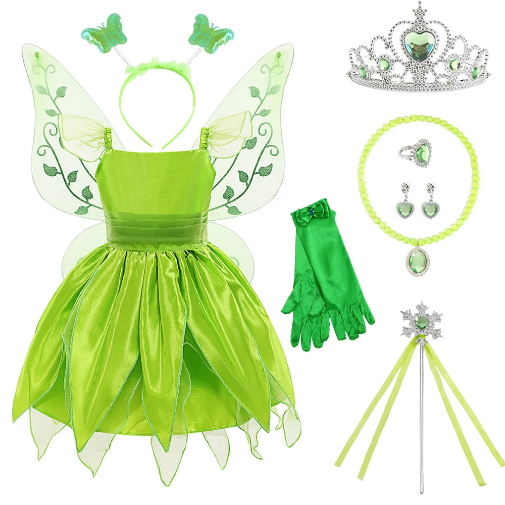 Fairy Tinkerbell Dress For Girls Green Flower Elves Kids Cosplay Princess Ball Gown Halloween Fancy Dress Up Costumi Per Bambini