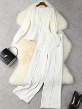 

2022 Spring Elegant Women's Office Trousers Suit Ladies Two Piece Set Long Sleeve Blouse and Pants Business Party Outfits Blue