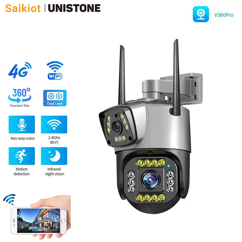 Saikiot V380 Pro 4G Camera 4Mp 8Mp 10X Zoom Home Cctv Security Dual Lens 4K Wifi Camera Outdoor Waterproof V380 Dual Lens Camera