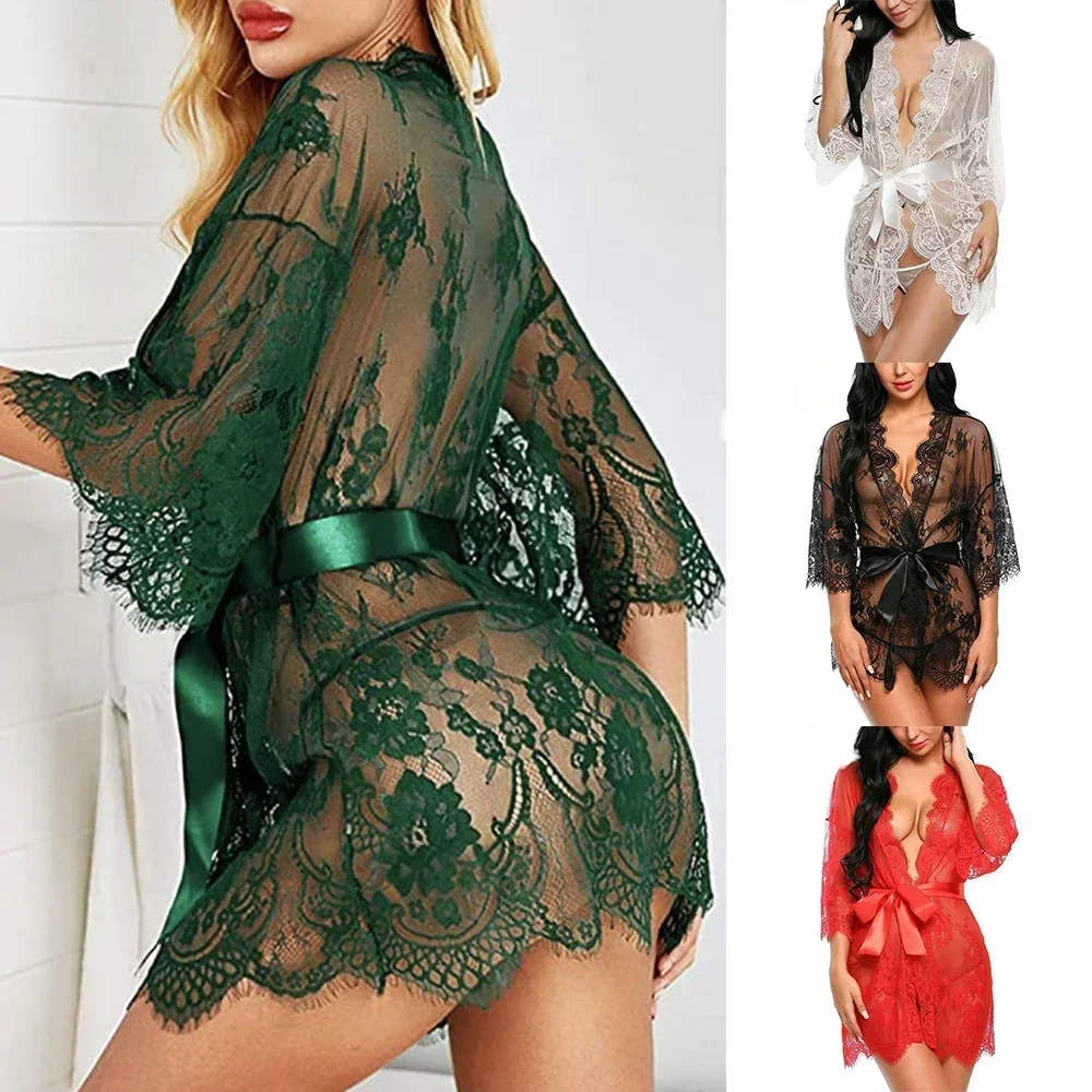 Sexy Lace Robe Dress+G String Thongs Women Erotic Transparent Sleepwear Pajamas Lace Nightdress Underwear