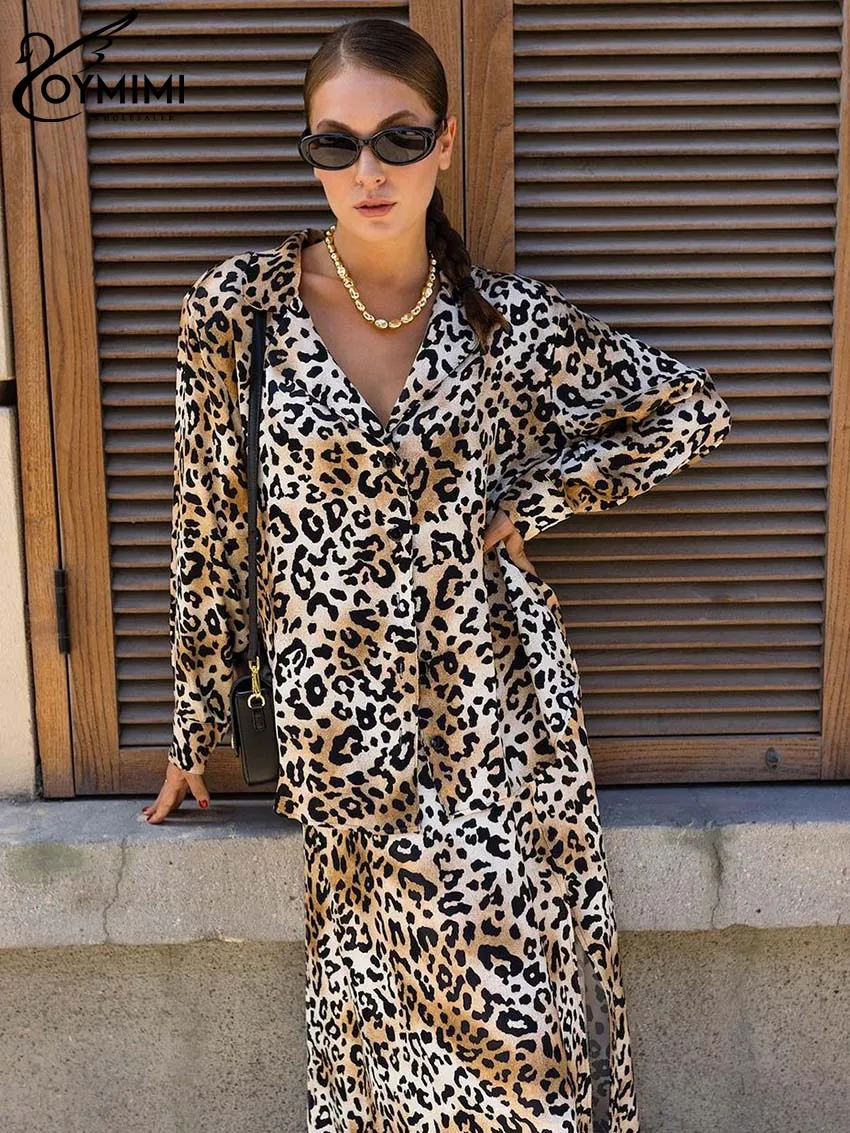 Oymimi Fashion Brown Leopard Print Two Piece Set For Women Elegant Long Sleeve Side Slit Button Shirts And High Waist Skirts Set balcony side awning 100x250 cm brown