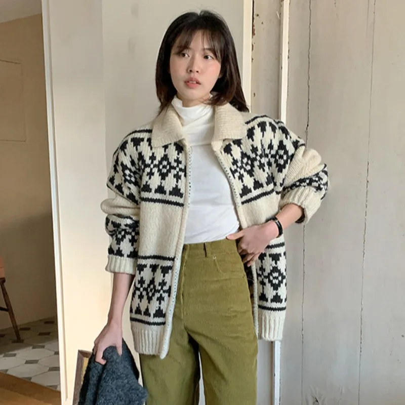 여성 스웨터, 서양식 베이스 탑 레트로 대비 컬러 자카드 집업 스웨터 겉옷 가을 겨울 라펠 니트 가디건