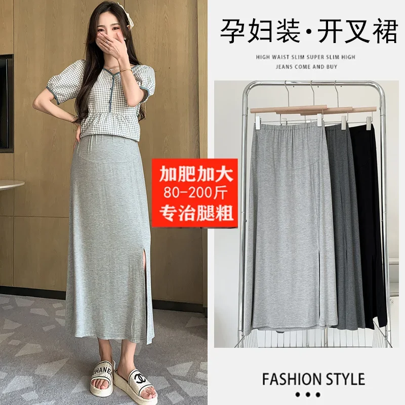 3XL 4XL Summer Thin Modal Maternity Long Skirts Side Splits Elastic Waist Belly Clothes for Pregnant Women Casual Pregnancy