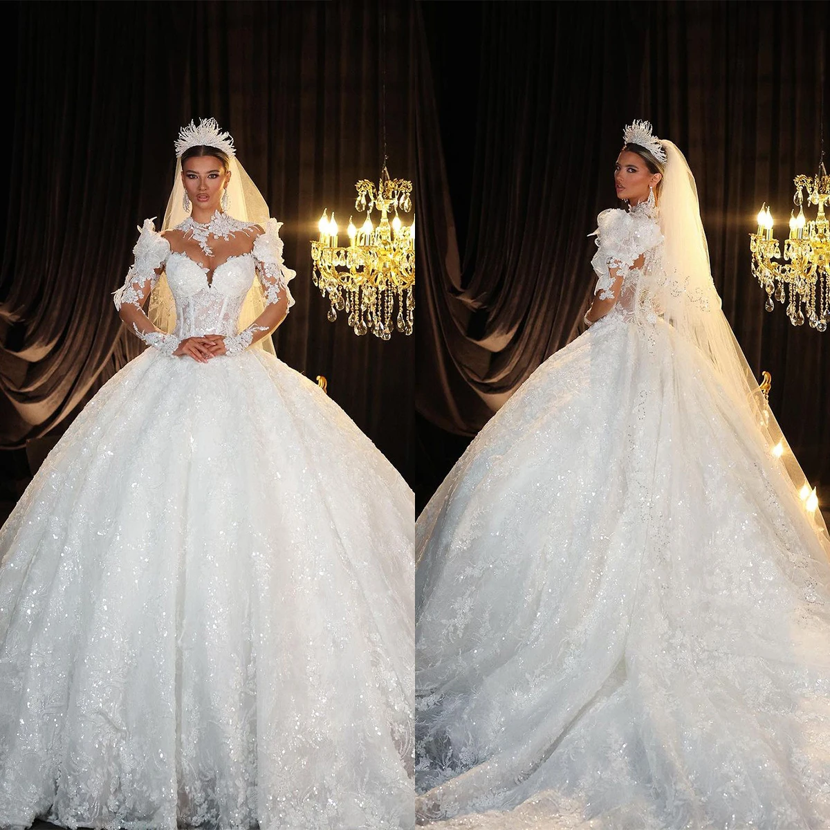

Exquisite Ball Gown Wedding Dresses Collar Art Design Sweetheart Bridal Gown Lace Applique Beading Dress Vestido De Novia