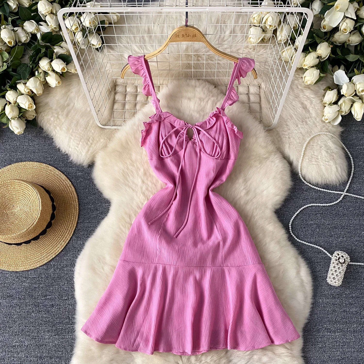 

Korean ruffle sweet bandage cut out Slip Dress A-line Chic pleated Casual Beach Vacation Women Summer Vintage Dresses