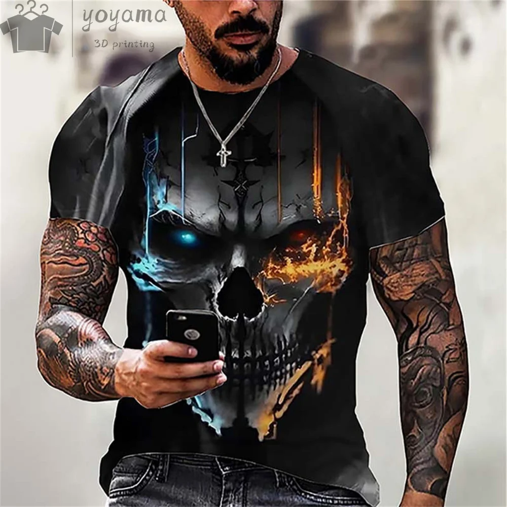 Camiseta informal con estampado 3D de calavera para hombre, Tops de Camiseta informal con estampado 3D de calavera para hombre, Tops de