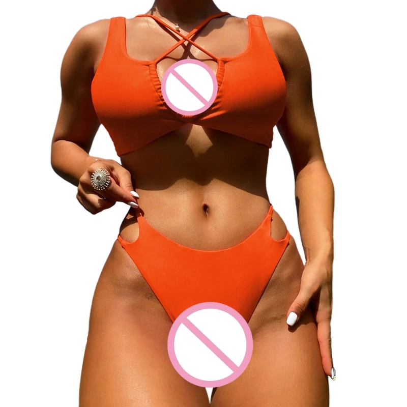 

E8BF 2Pcs Halter Swimsuit Triangle-Bikini Top with Cross-Tie Back Swimwear Halter Bikini-Top for Women Girl Party Costume