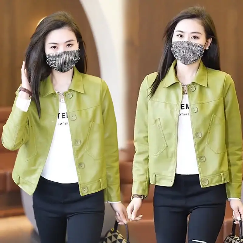 2023 Spring Autumn New Wome Fashion PU Leather Short Coat Korean Style Loose Large Size Casual Outwear Female Solid Color Jacket