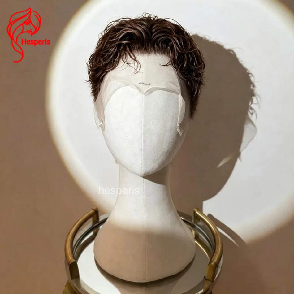 헤스페리스 컬리 남성용 풀 레이스 가발 브라질 브라운 숏 인모 가발 프리 플러킹 쉐이브드 컷 남성 가발 베이비 헤어 포함