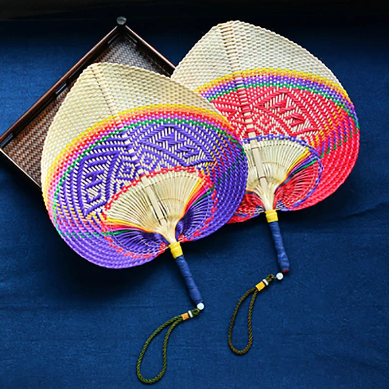 Colorful Summer Cooling Fan, Handmade Straw Fan, Peach Shaped Bamboo Hand Fan, Woven Cooling Fan for Teahcourse, Home Decorati