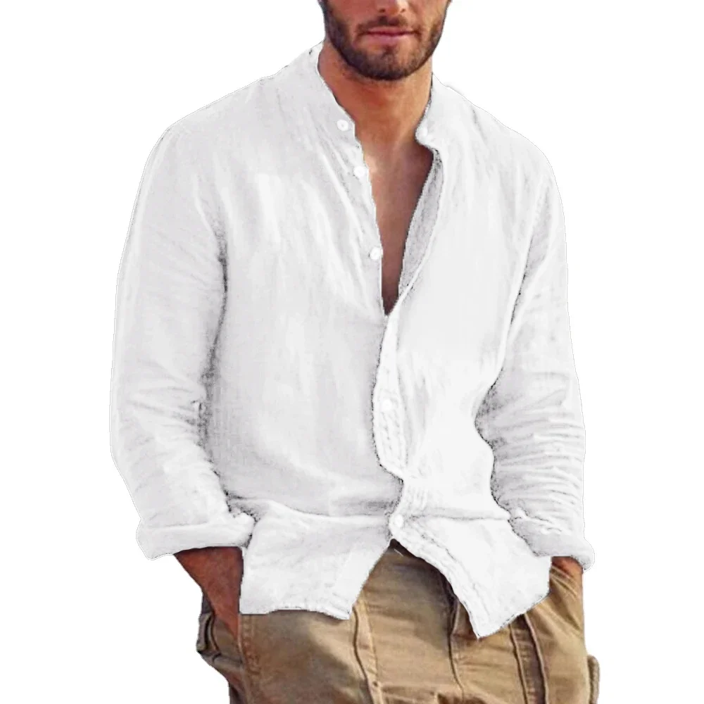 Men's Long Sleeve Shirt Linen Cotton Shirts Stand Collar Casual Beach Tops linen shirt,cotton shirt
