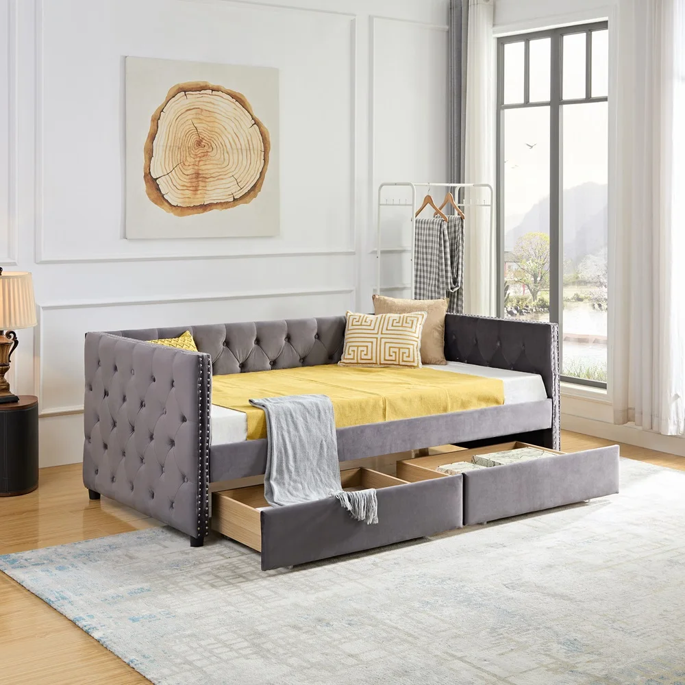 

Диван-кровать с ящиками, современный бархатный диван-кровать с мягкой обивкой и пуговицами, рама для дивана-кровати с искусственной кожей, для гостиной в спальне
