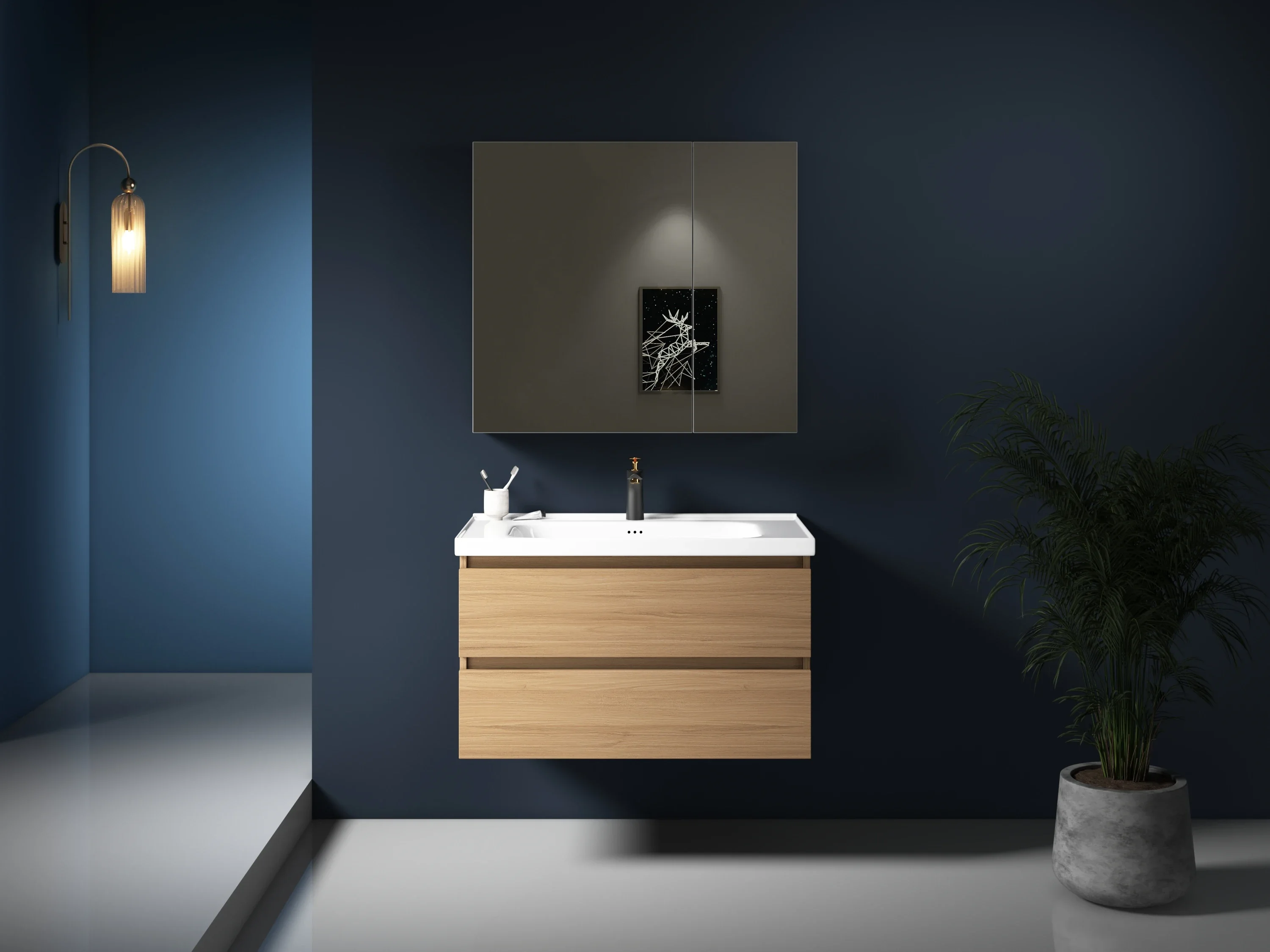 Modern Wall Mounted Plywood Bathroom Vanity Set Mirror Cabinets With Sink For Hotel And Apartment Bathroom Cabinet