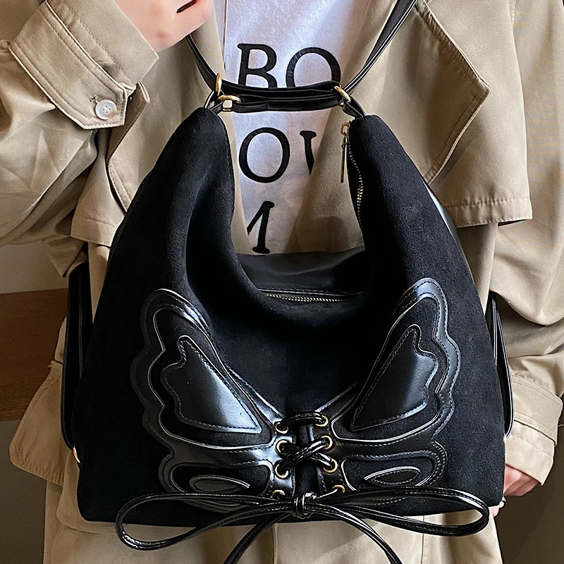 

Female Roomy Black Backpack Butterfly Pattern Suede Ladies Original Commuter Rucksack Multifunction Large Shoulder Bag for Women