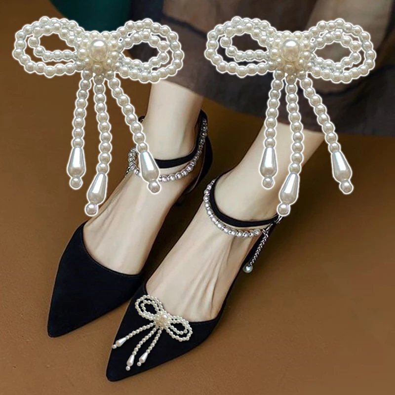 

2 Pcs Tassels Bowknot Shoe Clips Fashion Beading Shoe Buckle Removable Women Shoe Accessories for Ladies Pumps Decoration