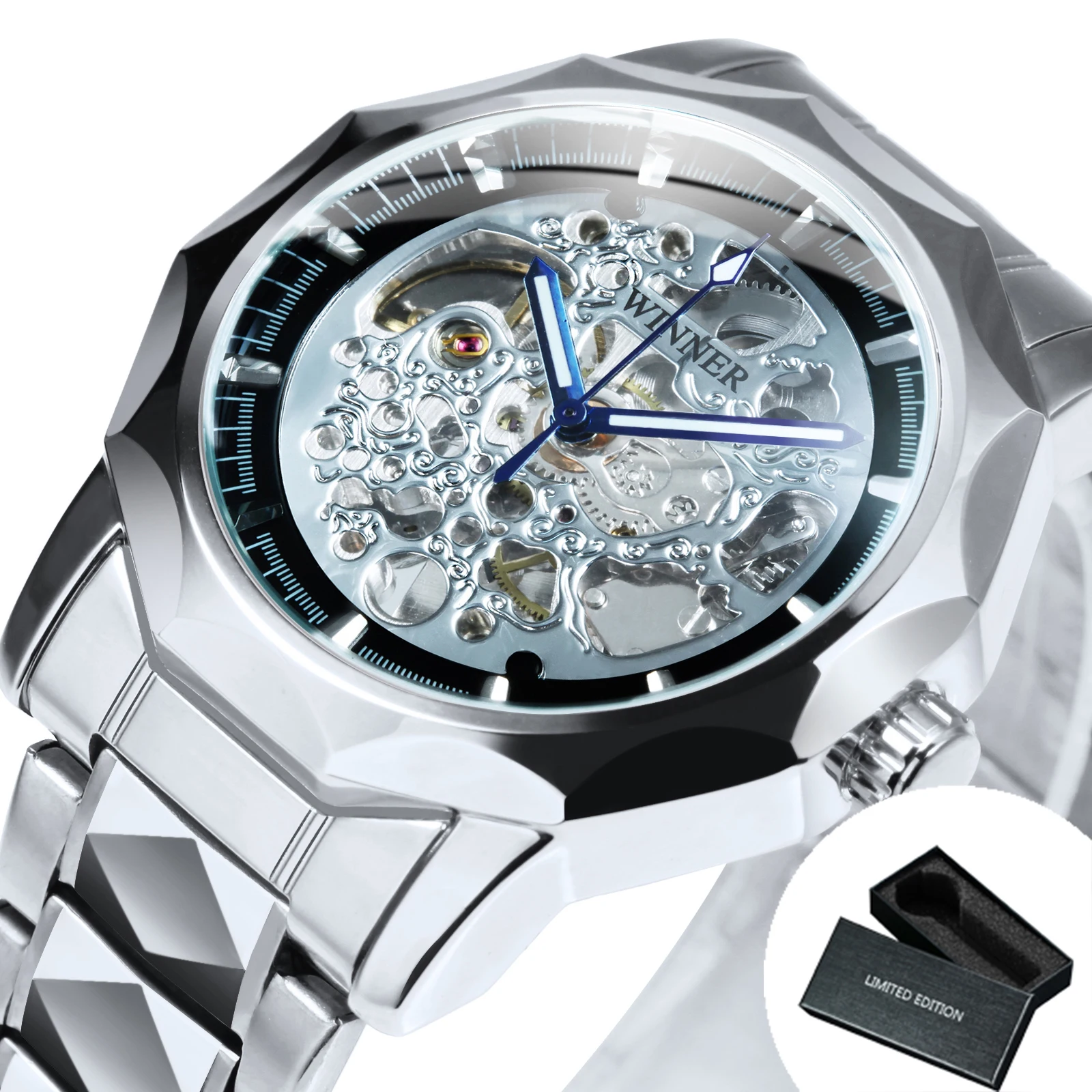 Luxury Gold Skeleton Automatic Men's Watch with Stainless Steel Strap