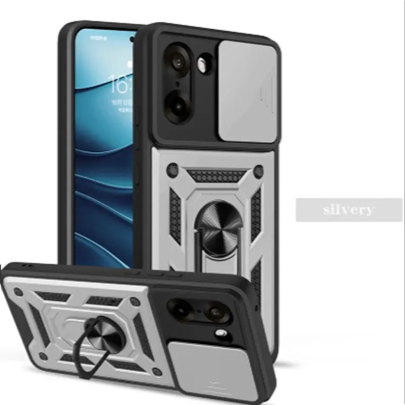 Slide Lens Cover with Magnetic Ring Stand Holder - Shockproof Armor Protection Phone Case