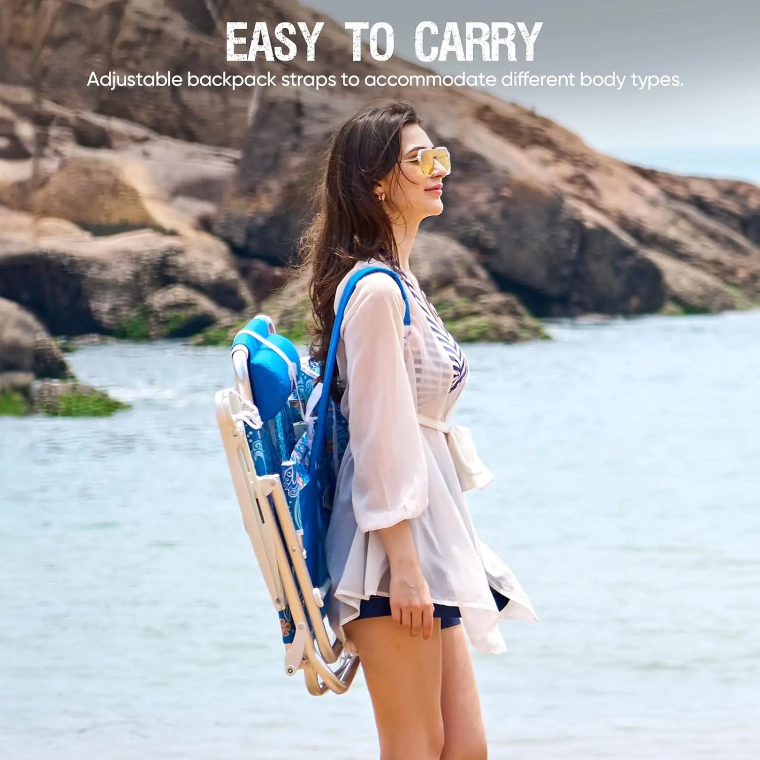 Reclining Beach Chair Backpack 5-Position Lay Flat Lounge Chair for Adults Heavy Duty Portable Folding Lightweight with Cooler