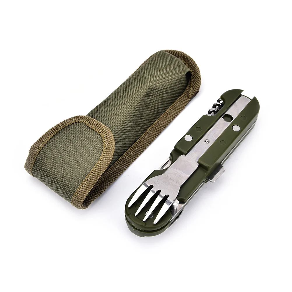 2022 Outdoor Portable Army Green Folding Camping Cutlery Knife Fork Spoon Bottle Opener Tableware Stainless Steel Pocket Cutlery