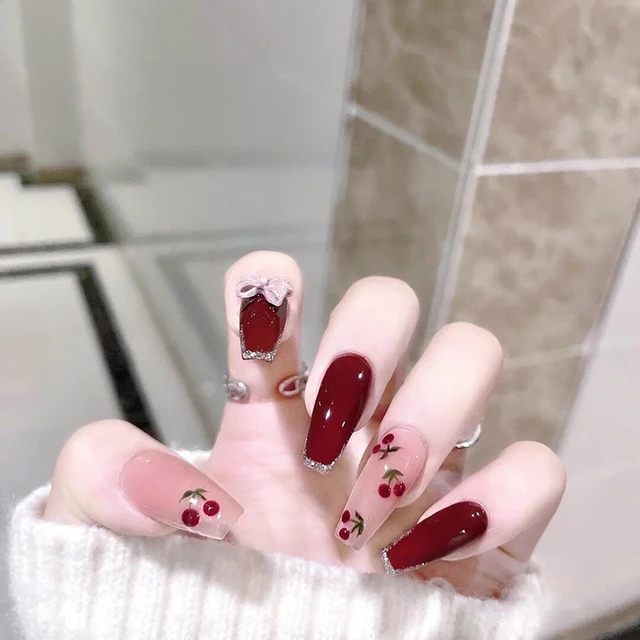 24pcs Short False Nails Cherry Flower Pearl Removable Manicure Girls  Wearing Fake Nails Art Decoration Round Coffin Press Onnail - False Nails -  AliExpress