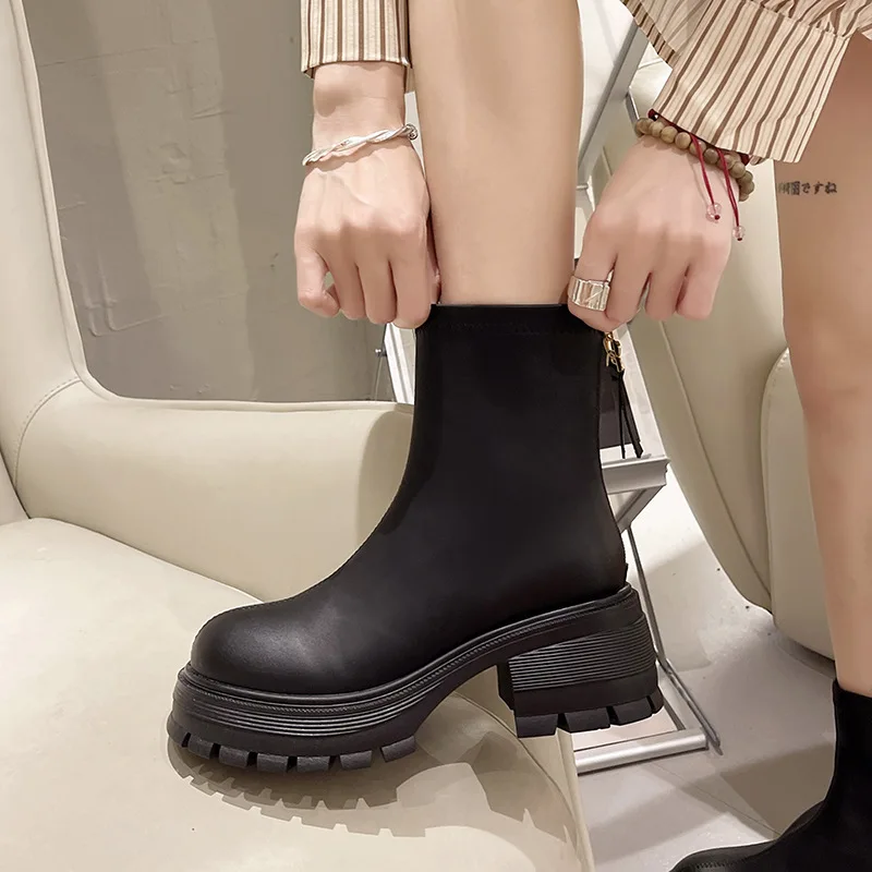 

Women's Black Short Boots Fashion Slip-On Short Boots Women's Elegant Platform Winter Non-Slip Women's Shoes Motorcycle Boots