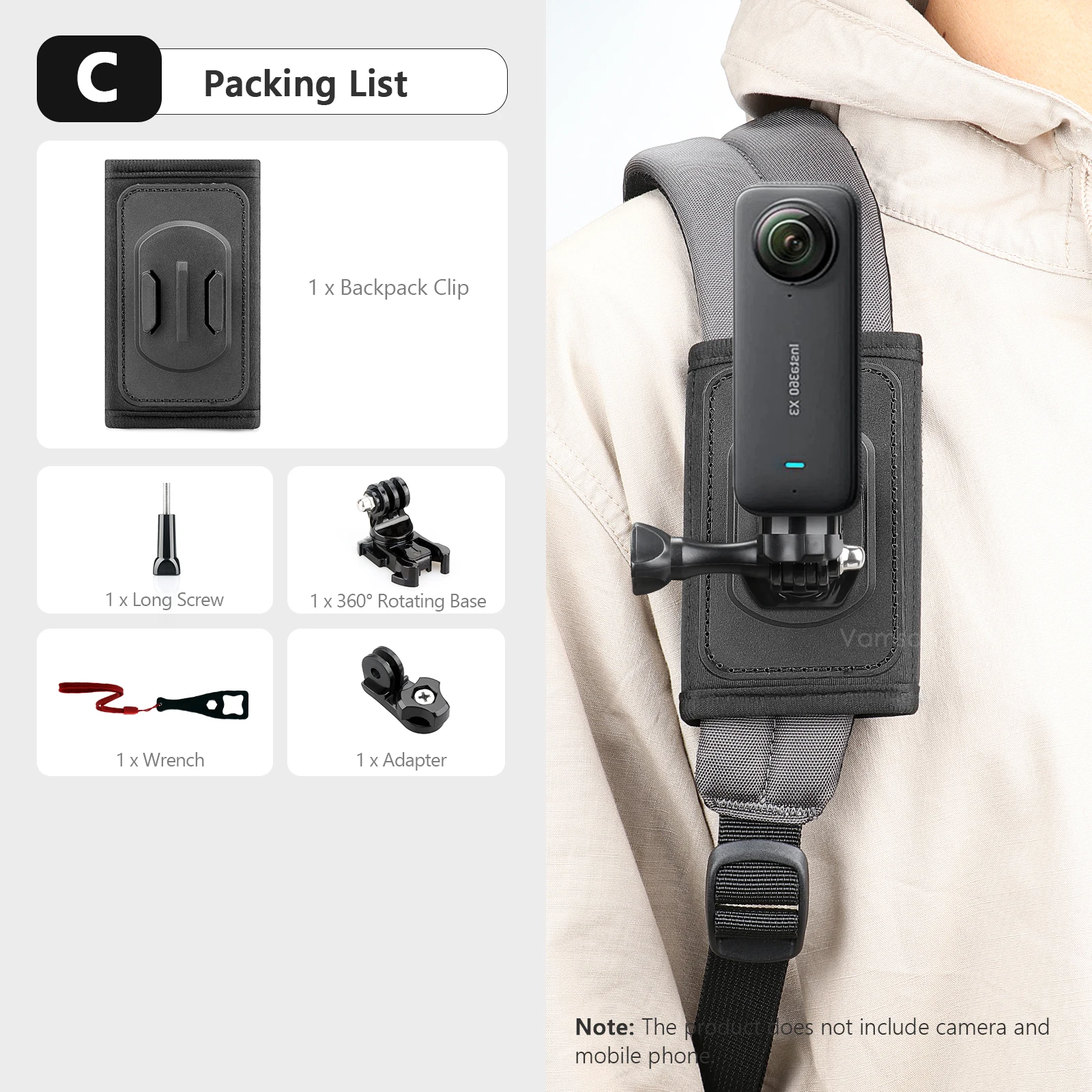 UBEIYI Supporto per zaino compatibile con GoPro, DJI Action 2, OSMO Pocket 2, Insta360 ONE X2, girevole a 360 gradi, clip per tracolla, morsetto universale per action camere