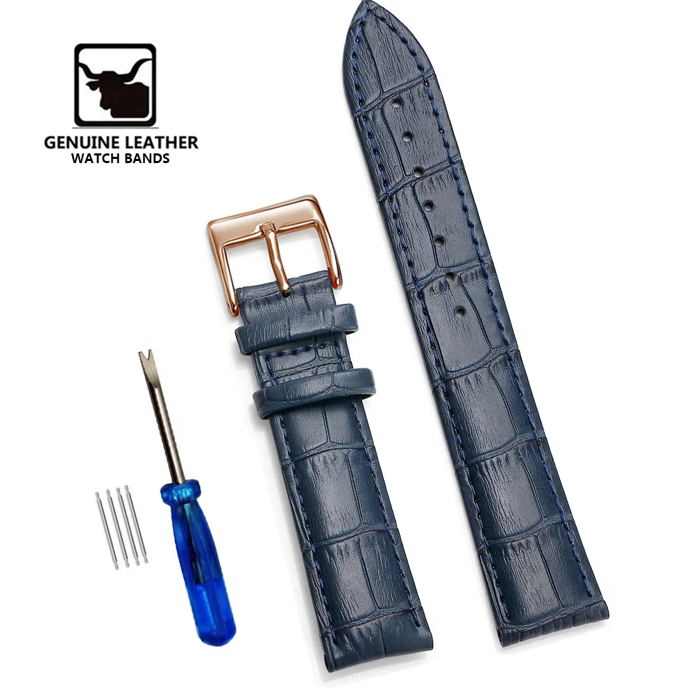 Classic Genuine Leather Watch Band with Soft Cowhide Strap and Adjustable Sizing Plus Tool