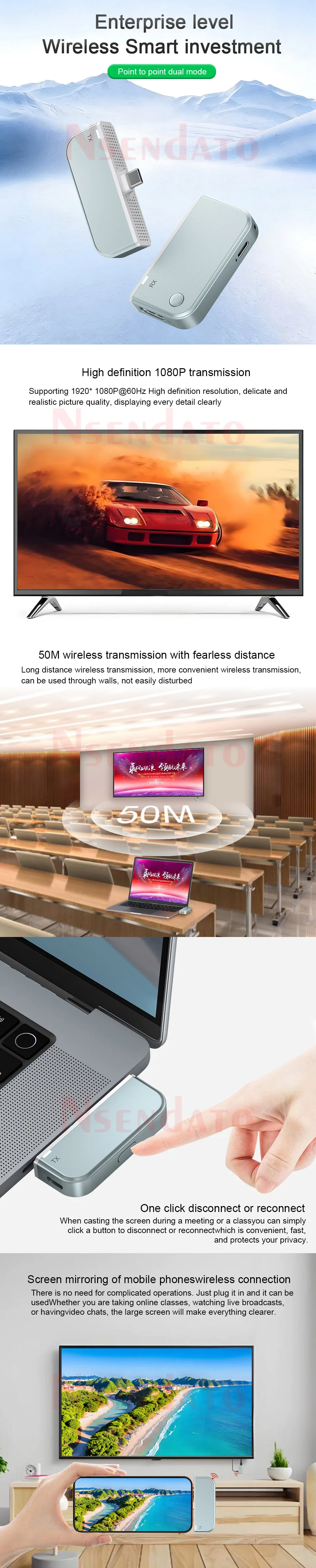 Wireless Video USB C HDMI Transmitter Receiver Extender 50M 1080P@60Hz Wireless