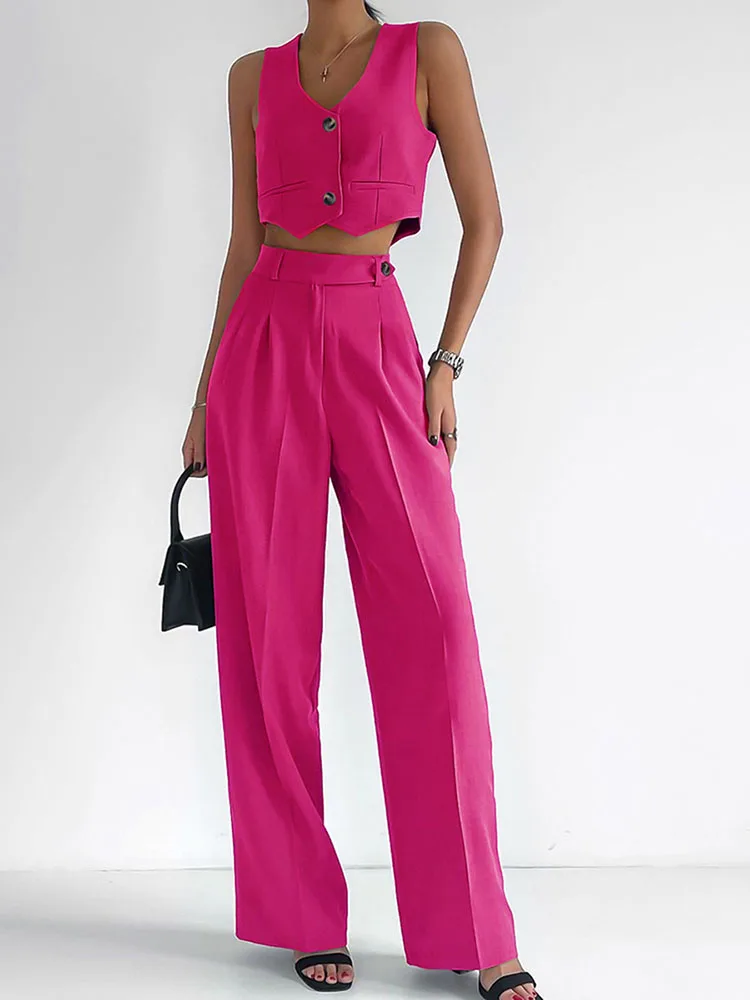 

Summer New Long Pants Set Fashion Women's Vest 2 Piece Set Casual Single-breasted Vest Wide Leg Pants Two Piece Set For Women