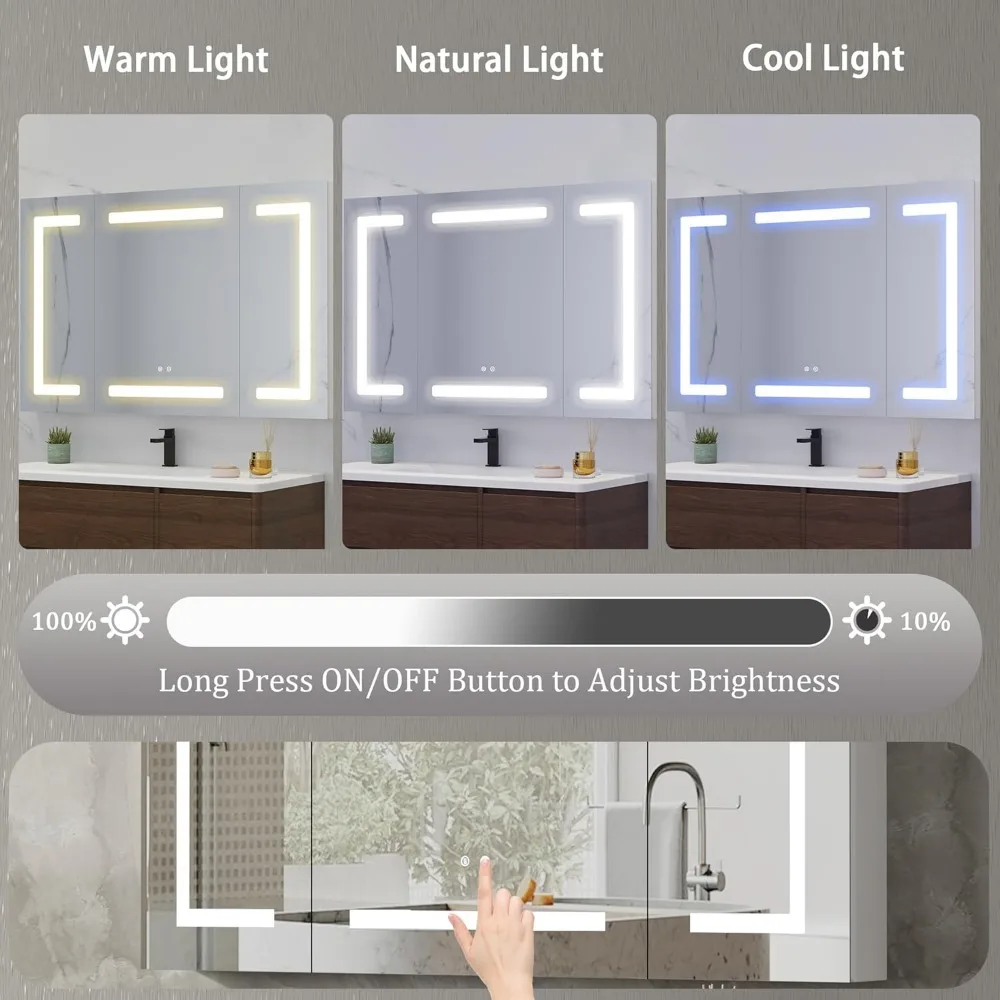 Medicine Cabinet with LED Mirror for Bathroom, 30''x48'' Aluminum, Wall Mounted Surface led Medicine Cabinet, Defog,