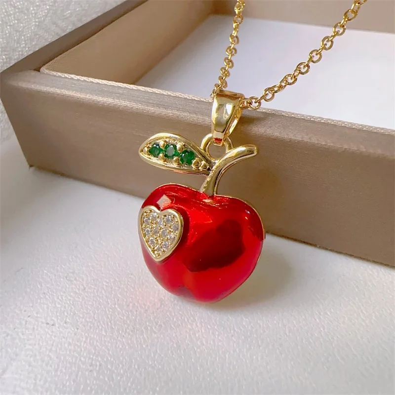 Classic Micro inlaid Gorgeous Stainless Steel Red Charm Love Apple