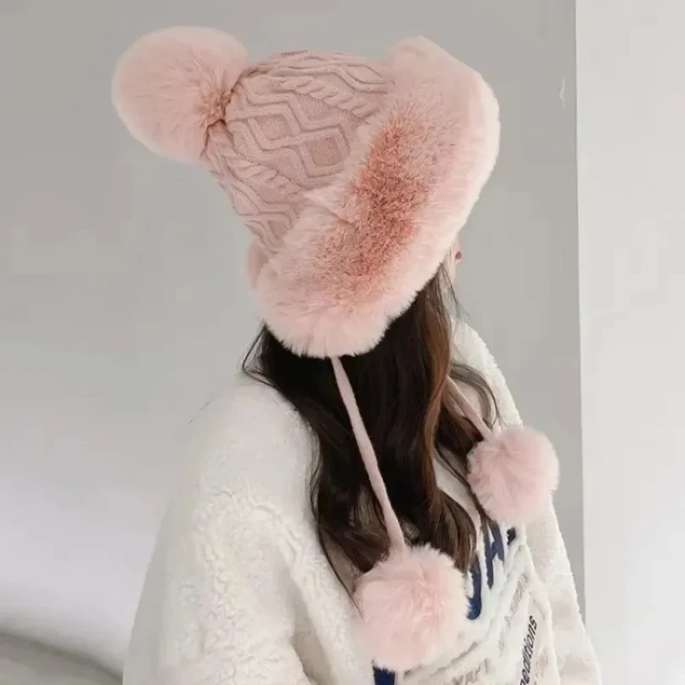 Imitation Rabbit Fur Thermal Winter Hat Women Cute Thickening White Fluffy Ball Cap Earflaps Slipover Plush Hat Шапка Женская