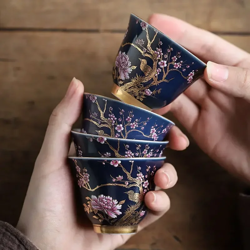 Ceramic Tea Cup Outline In Gold Teacup Chinese Kung Fu Master Cup Creative Personality Gift Box for Friends Tea Set of 6