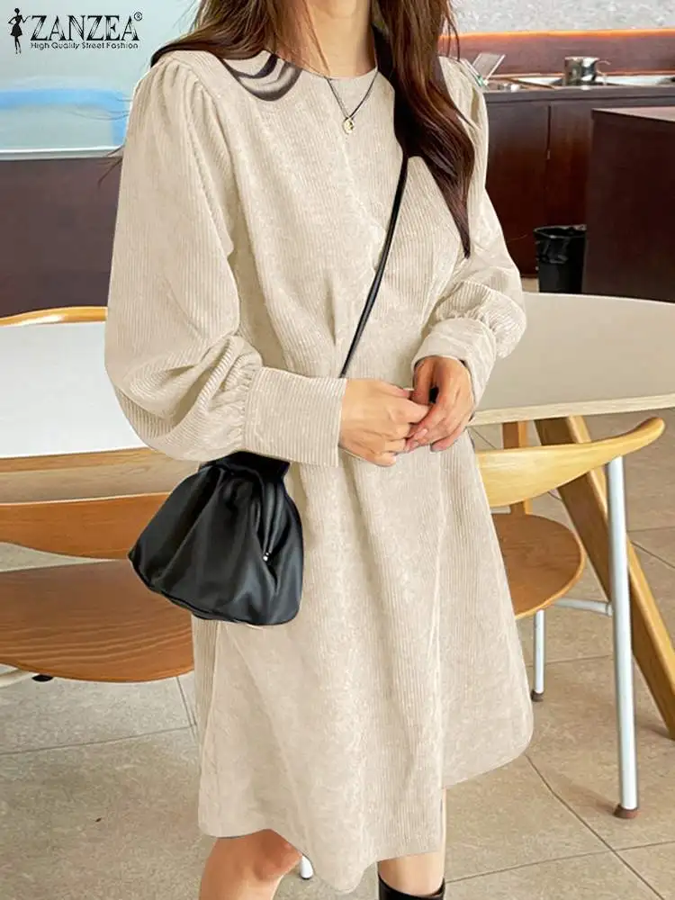 

Женское вельветовое платье ZANZEA, повседневное свободное плиссированное платье, модные платья с пышными длинными рукавами до колен, Зимние халаты с круглым вырезом 2023