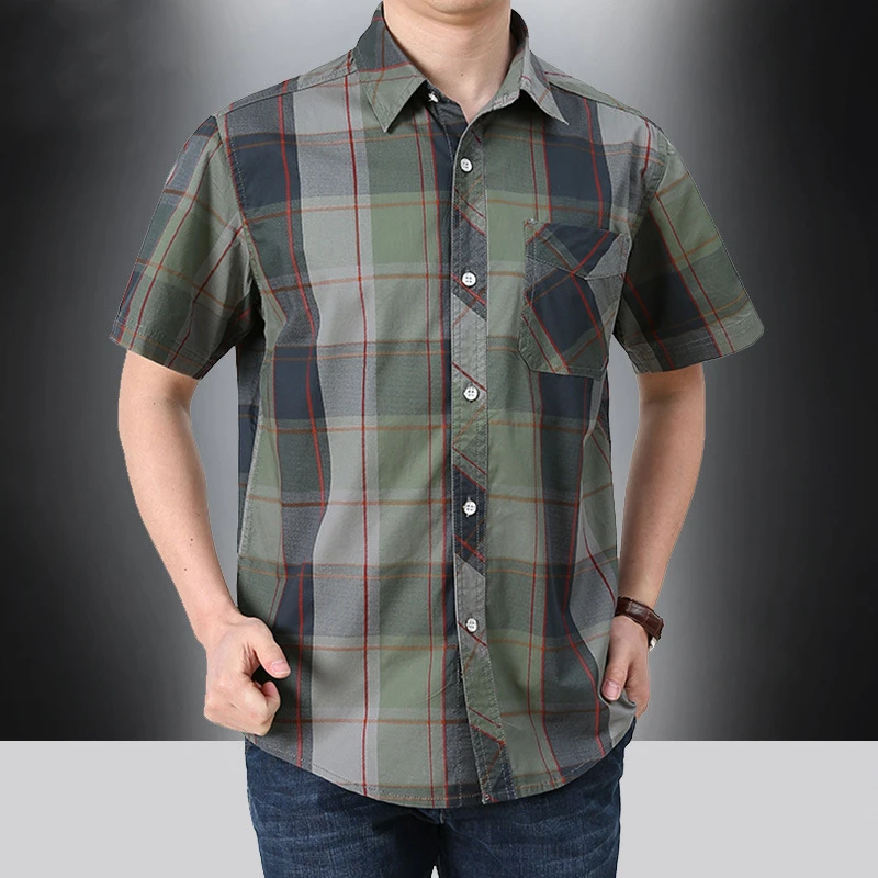 Tooling Plus Size Men Plaid Short Sleeve Shirt Summer Loose Casual Fashion All-match Outdoor Tops Male Classic Brand Cargo Shirt black short sleeve shirt