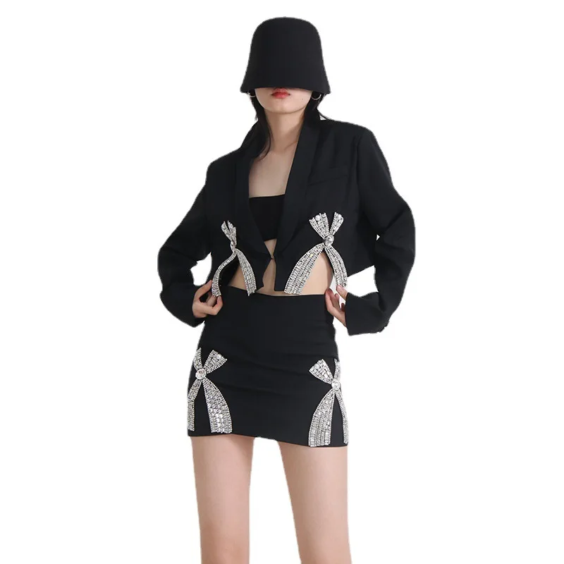 Fashion Cross Rhinestone Patchwork Skirt Women's Solid Color High Waist Wrap Hip Skirts Female 2024 Summer New Top Brand