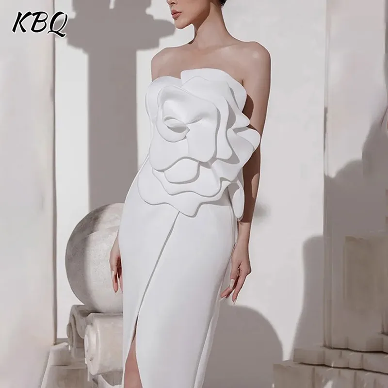 

KBQ Solid Patchwork Appliques Sexy Dresss For Women Strapless Sleeveless High Waist Split Slimming Dress Female Fashion Clothing