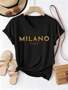 Casual T-shirt V Neck Fashion Milano Italia Letter Printed T Shirts Women Short Sleeve Tee Shirt V-Neck Summer Spring Tops 1