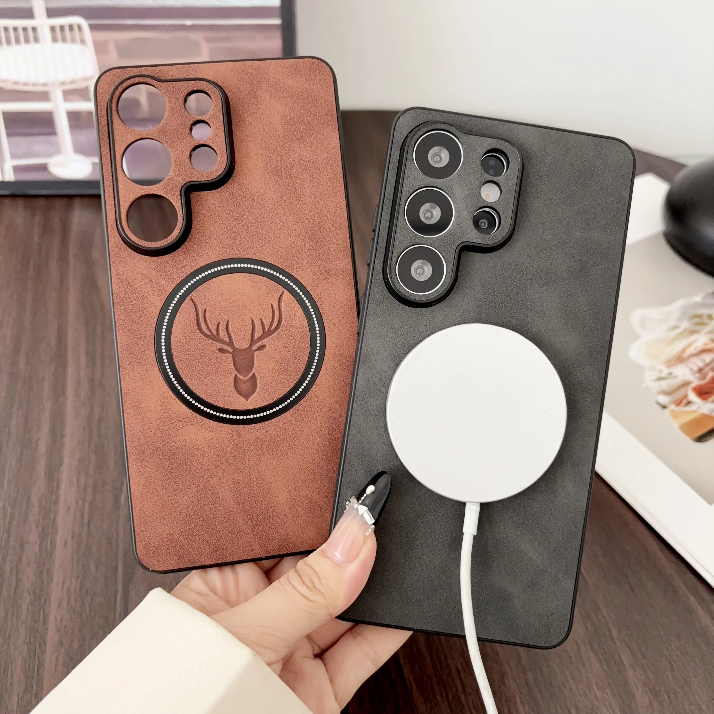 Luxury PU Leather Cartoon Deer Case with Magsafe Wireless Charging Compatibility