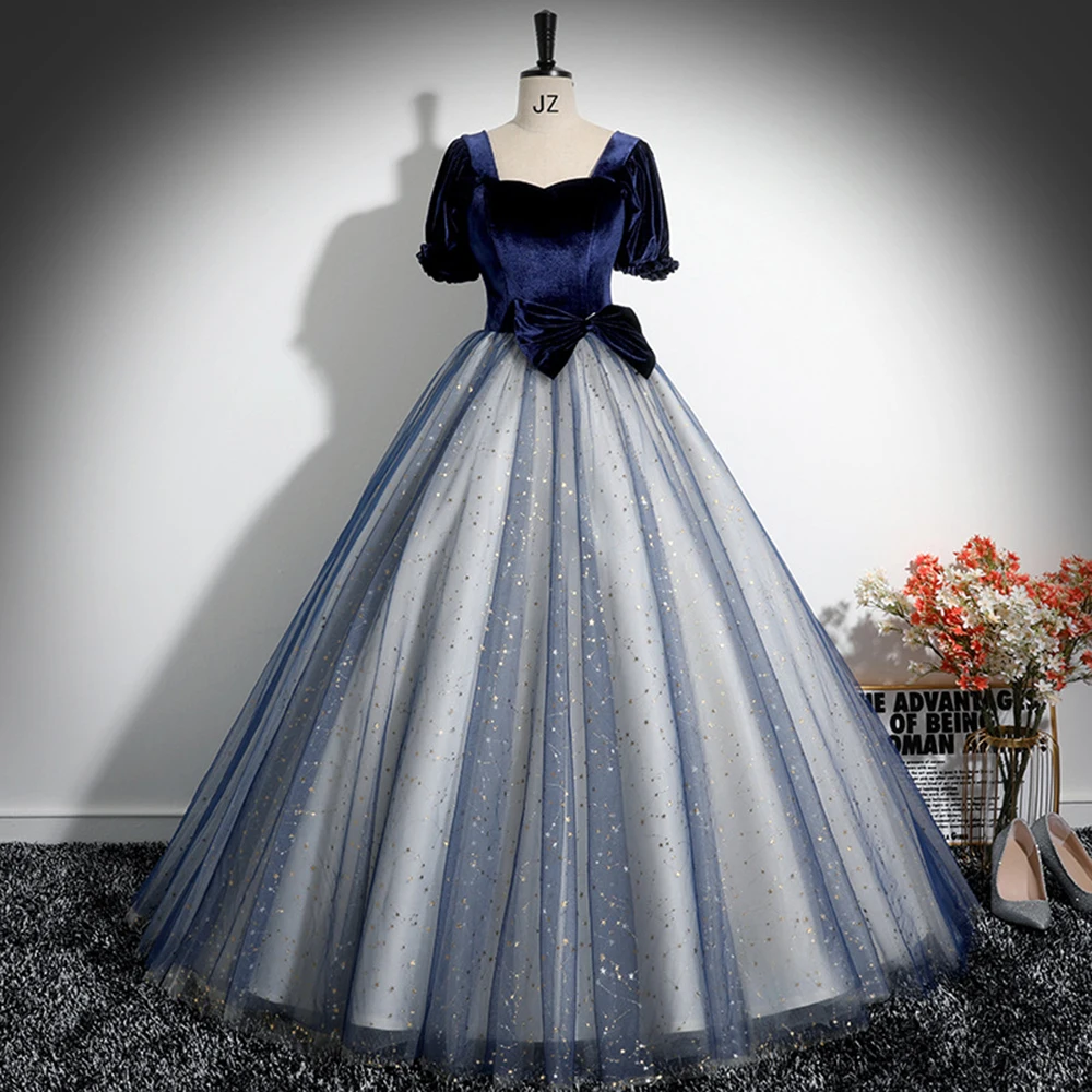 

Темно-синее бархатное Пышное газовое вечернее платье, длинное красивое платье в стиле пения с квадратным вырезом, костюмы для выступлений на сцене