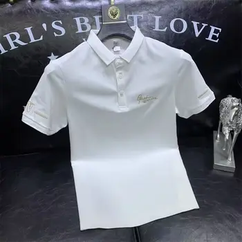 Maschio con colletto t-shirt ricamo top alfabeto Polo Skinny bianco t-shirt da uomo ad asciugatura rapida Kpop ordinario vestiti economici Hot