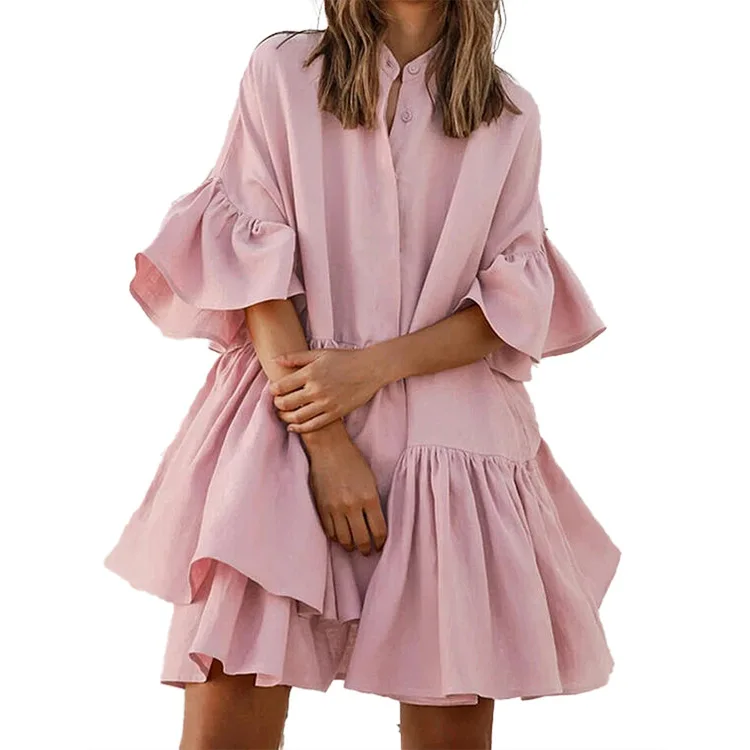 

Pink Short Dress Sweet Girl's Cute Women Summer Party Clothes 2023 Chiffon Loose Solid Color Dress Japanese Kawaii